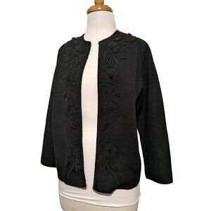 Vintage Beaded Wool Black Cardigan Sweater 60s Marco Polo B40 M Open